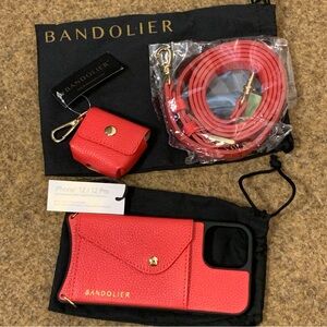 NIP Bandolier Red Leather iPhone 12/12 Pro Case Crossbody Strap Airpods Case Set